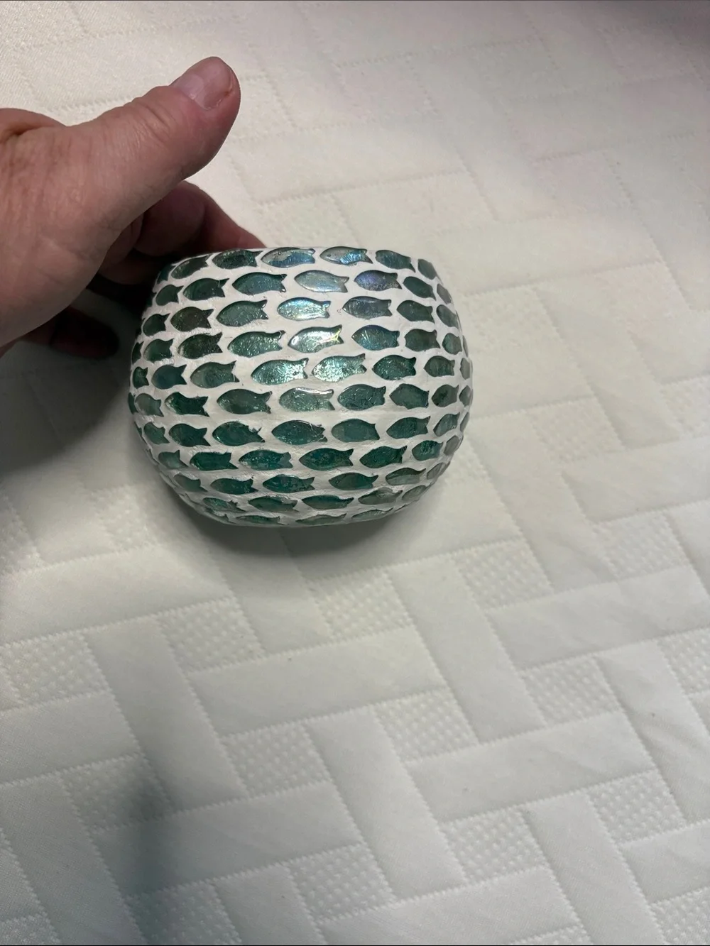 Handmade White and Teal Fish Mosaic Decorative Bowl